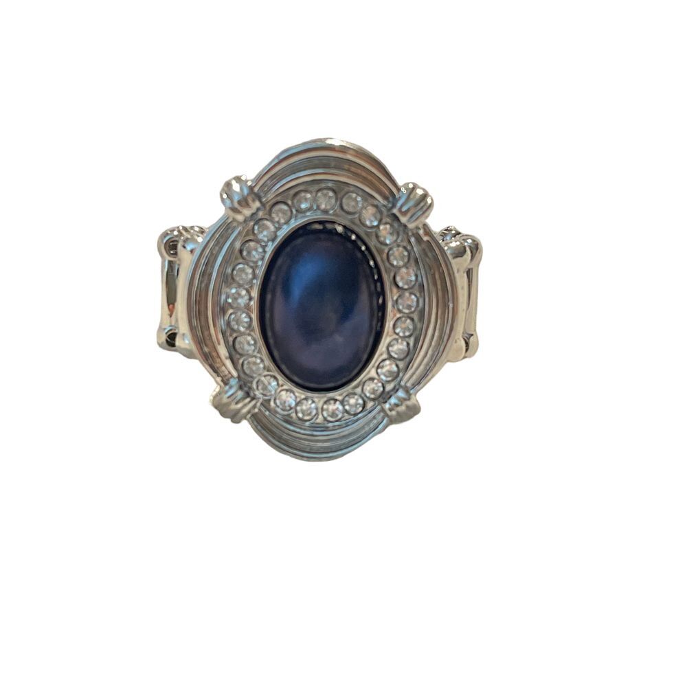 Vintage Inspired Stretch Ring with Blue Oval Stone and Crystal Accents J-3